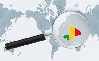 mapa ampliado de Malí en el mapa mundial centrado en América. mapa ampliado y bandera de Malí. vector