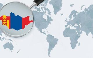 Enlarged map of Mongolia on America centered World Map. Magnified map and flag of Mongolia. vector