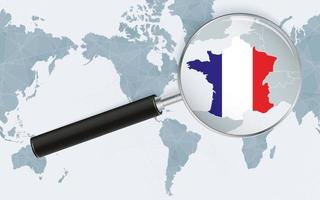 Enlarged map of France on America centered World Map. Magnified map and flag of France. vector