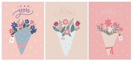 set of Mother's day greeting cards decorated with lettering quotes and bouquets of flowers. Good for posters, prints, invitations, banners, etc. EPS 10 vector