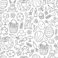 Easter seamless pattern with hand drawn doodles. Monochrome textile print, background, wrapping paper, colorfing page, wallpaper, etc. EPS 10 vector