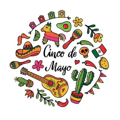 Cinco de Mayo set of doodles isolated on white background for stickers, prints, logos, signs, cards, posters decor. EPS 10