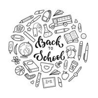 set of hand drawn school doodles and lettering quote 'Back to school' isolated on white background. Good for prints, icons, stickers, logos, clipart, signs, cards, coloring pages, product decor, etc.