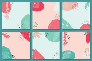 set of abstract backgrounds with brush strokes and tropic leaves for social media templates, prints, cards, posters, invitations, promotions, etc. EPS 10 vector