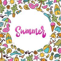 cute hand lettering quote 'Summer' decorated with circle frame of doodles for greeting cards, posters, prints, invitation templates, etc. EPS 10 vector