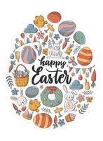 Happy Easter greeting card, poster, print, invitation decorated with doodles and cartoon elements on white background. EPS 10 vector