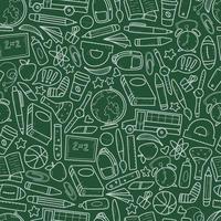 school seamless pattern on green background decorated with hand drawn doodles supplies for wrspping paper, packaging, textile prints, stationary decor, etc. EPS 10 vector