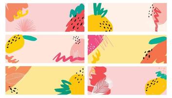 set of six horizontal summer banners with abstract shapes, brush strokes and tropic leaves. Good for social media decor, book marks, prints, posters, invitations, cards, templates with copy space. vector