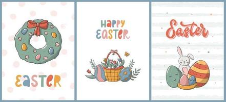 Set of Easter greeting cards, posters, prints, banners, invitations, templates, etc. Hand lettering quotes decorated with doodles, clipart. EPS 10 vector