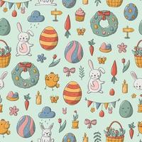 Easter seamless pattern with hand drawn doodles. Good for posters, prints, wrapping paper, scrapbooking, stationary, textile, backgrounds, etc. EPS 10 vector