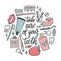 cute hand lettering quote 'Take care of your teeth' decorated with dentistry doodles on white background. Good for posters, cards, prints, stickers, wall art, signs, etc. Health care, medical theme. vector