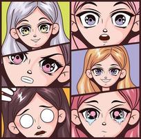 six anime emotions faces vector