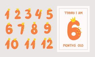 tarjetas de bebé con números para niña o niño recién nacido, 1-12 meses. tarjeta de aniversario del mes del bebé. impresión de vivero. ilustración para fondos, portadas, empaques, tarjetas de felicitación y carteles. vector