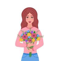 Beauty girl with bouquet flowers. Women's day, March 8, Valentine's Day. Illustration for backgrounds, packaging, greeting cards, posters, stickers and textile. Isolated on white background. vector