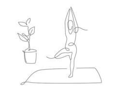 asanas de yoga en un estilo de línea. ilustración vectorial simple de pilates. postura del árbol yoga vector