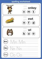 Spelling worksheet , exercise with cartoon vocabulary illustration, vector