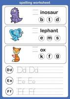 Spelling worksheet , exercise with cartoon vocabulary illustration, vector