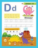 letra del alfabeto d - ejercicio de dinosaurio con ilustración de vocabulario de dibujos animados, vector