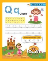Alfabeto letra q - reina ejercicio con ilustración de vocabulario de dibujos animados, vector
