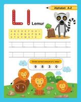 letra del alfabeto l - ejercicio de lémur con ilustración de vocabulario de dibujos animados, vector