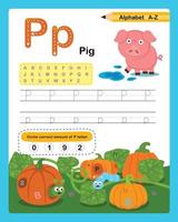 alfabeto letra p - ejercicio de cerdo con ilustración de vocabulario de dibujos animados, vector