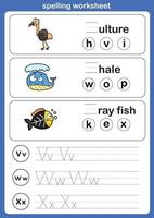 Spelling worksheet , exercise with cartoon vocabulary illustration, vector