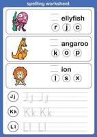 Spelling worksheet , exercise with cartoon vocabulary illustration, vector