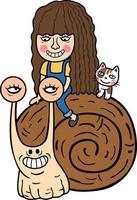 young girl riding a snail with cat illustration, vector