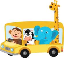 ilustración del vector de educación de transporte de autobús escolar de equitación de animales de carácter de niños de escuela