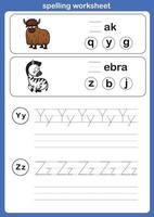 Spelling worksheet , exercise with cartoon vocabulary illustration, vector