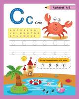 Alphabet Letter C - Crab  exercise with cartoon vocabulary illustration, vector