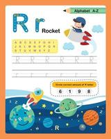 Alphabet Letter R - Rocket  exercise with cartoon vocabulary illustration, vector