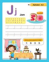 Alphabet Letter J - Jam  exercise with cartoon vocabulary illustration, vector