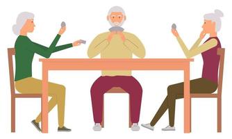 Older people sitting at a table playing cards together. Joint entertainment, board games. Cartoon. Vector illustration