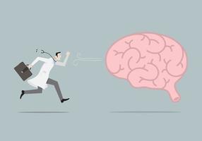 Cartoon flat illustration of doctor running and chasing brain. vector