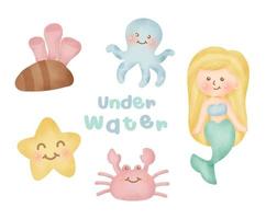 Hand drawn under water in watercolor style set. vector