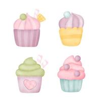 Set of cute cup cakes in watercolor style. vector