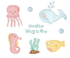 Hand drawn under water in watercolor style set. vector