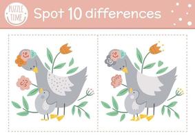 Mothers day find differences game for children. Holiday educational activity with funny baby goose and his mother. Printable worksheet with cute characters. Spring puzzle for kids. vector