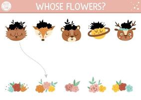 Mothers day shadow matching activity for children with cute animal and flowers on heads. Fun game with cute ethnic boho forest animals game for kids. Find correct silhouette printable worksheet.