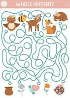 Mothers day maze for children. Holiday preschool printable educational activity. Funny family love game or puzzle with cute animals and gifts. Mother and baby labyrinth. Whose present worksheet