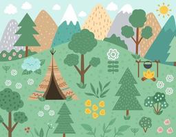 Vector forest scene with wigwam, fire, mountains. Spring or summer woodland scenery with trees and plants. Wild nature landscape illustration or background.