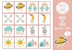 Vector wild and free memory game cards with planet, mountains, arrows. Matching activity with cute characters. Remember and find correct card. Simple ethnic printable worksheet for kids.