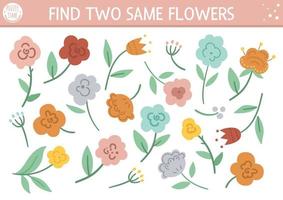 Find two same flowers. Mothers day matching activity for children. Funny spring educational logical quiz worksheet for kids. Simple printable game with cute plants vector