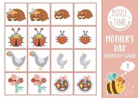 Vector Mothers day memory game cards with baby animals and their mothers. Matching activity with cute characters. Remember and find correct card. Simple spring printable worksheet for kids.