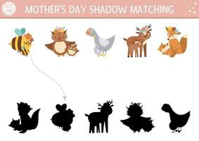 Mothers day shadow matching activity for children with animals family. Fun spring puzzle with cute mother and baby. Family love game for kids. Find correct silhouette printable worksheet. vector