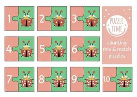 Vector spring mix and match puzzle with ladybug. Matching math ladybird activity for preschool children. Educational printable counting game for kids with cute forest insect