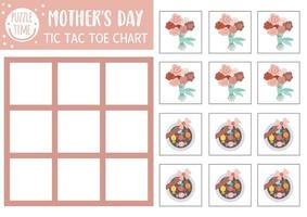 Vector Mothers day tic tac toe chart with traditional holiday presents. Holiday board game playing field with bouquet and sweet box. Funny printable worksheet for kids. Noughts and crosses grid