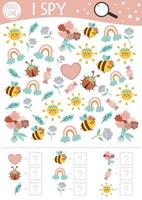 Mothers day I spy game for kids. Searching and counting activity for preschool children with traditional holiday objects. Funny spring printable worksheet for kids. Simple festive spotting puzzle. vector