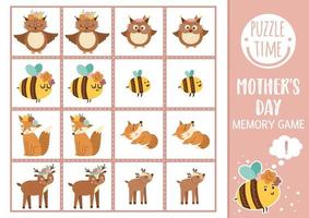 Vector Mothers day memory game cards with baby animals and their mothers. Matching activity with cute characters. Remember and find correct card. Simple spring printable worksheet for kids.